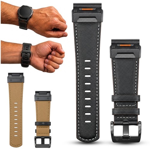 Czarny pasek do zegarka smartwatcha Garmin QuickFit 26 mm, wykonany ze skóry naturalnej premium, widok z przodu