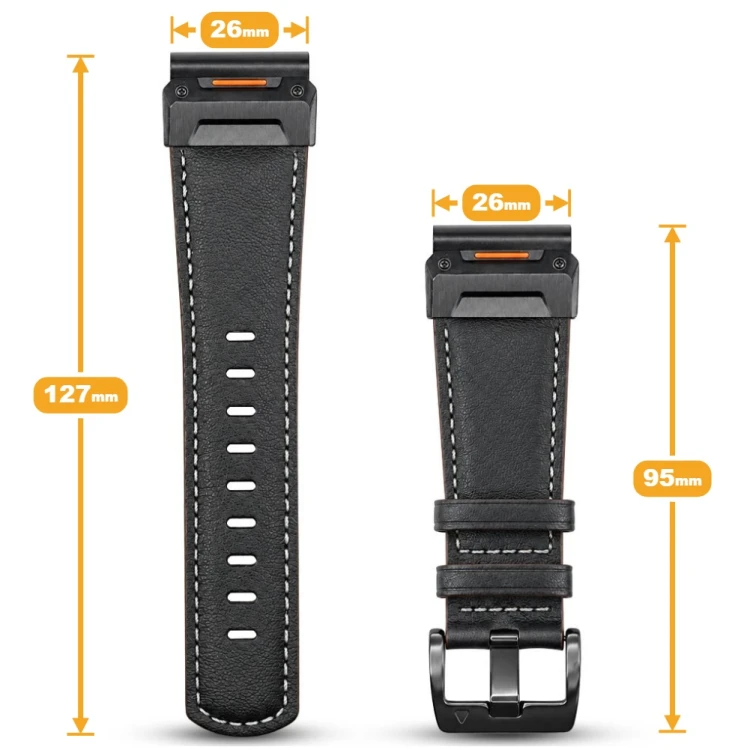 Detale zapięcia paska QuickFit 26 mm do smartwatcha Garmin, czarna klamra i precyzyjne szwy na skórze naturalnej