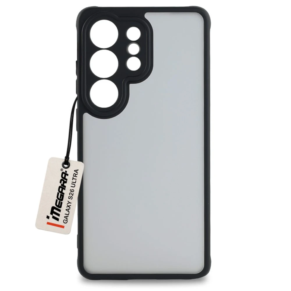 Czarne etui Samsung Galaxy S26 Ultra Case, widok z przodu, idealnie dopasowane plecki ochronne Megara z poliwęglanu