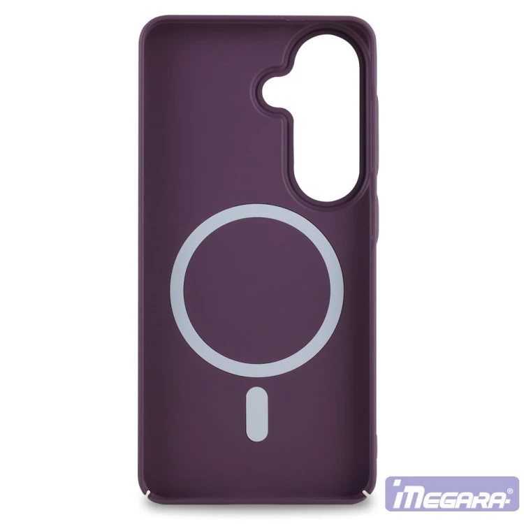 Szczegół matowego wykończenia soft-touch fioletowych plecków Megara dla Samsung Galaxy S26, z podniesionym rantem chroniącym wyświetlacz