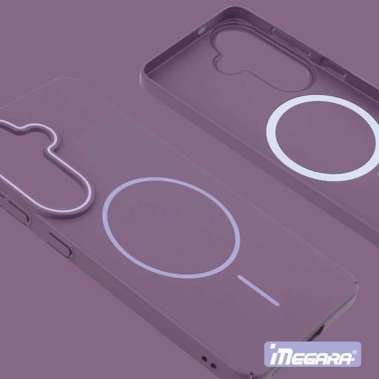 Zastosowanie plecków ochronnych Megara MagSafe do Samsung Galaxy S26, prezentujące ochronę aparatu oraz kompatybilność z akcesoriami MagSafe
