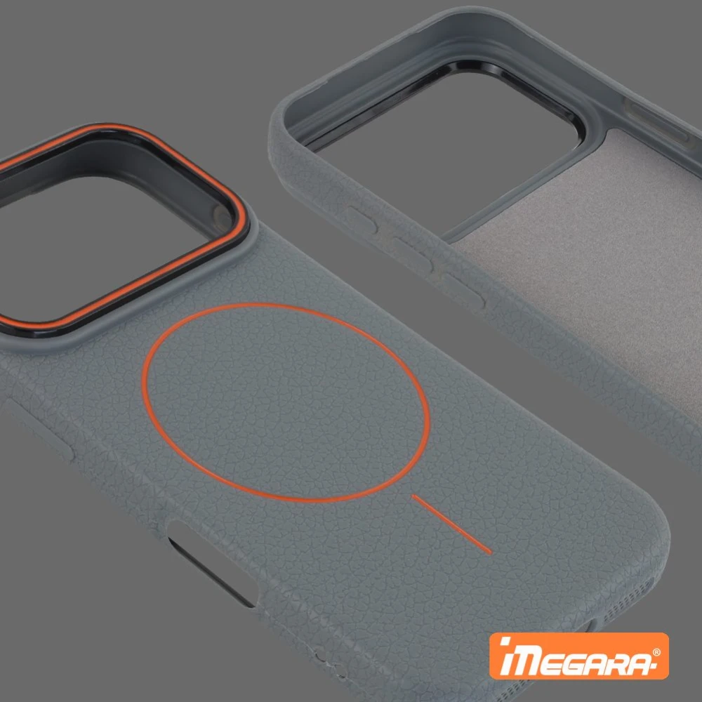Akcesorium do Apple iPhone 17 Pro w kolorze szarym z pomarańczowym akcentem, kompatybilne z ładowaniem bezprzewodowym i MagSafe