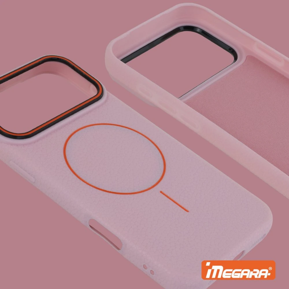 Futerał do iPhone 17 Pro w kolorze różowym z pomarańczowymi akcentami, w pełni kompatybilny z ładowaniem bezprzewodowym