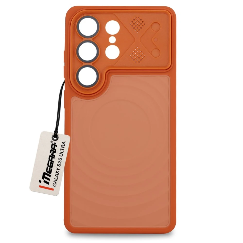 Pomarańczowe etui Megara MagSafe do Samsung Galaxy S26 Ultra, widok z przodu podkreślający smukły design i pełną ochronę