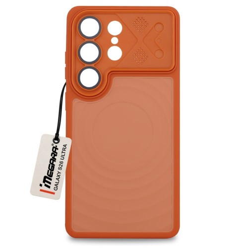 Pomarańczowe etui Megara MagSafe do Samsung Galaxy S26 Ultra, widok z przodu podkreślający smukły design i pełną ochronę