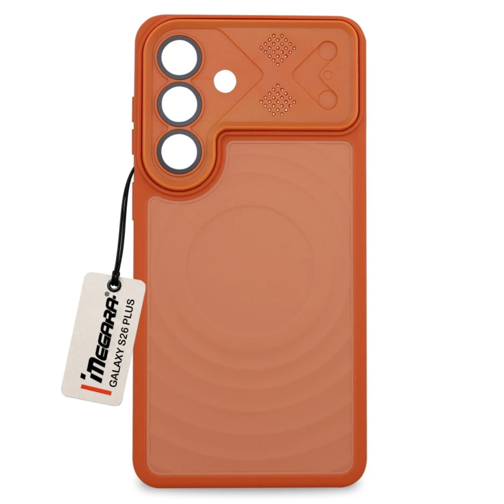 Pomarańczowe etui Megara MagSafe do Samsung Galaxy S26 Plus, widok z przodu podkreślający smukły design i matowe wykończenie