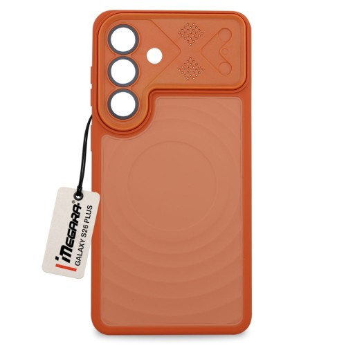 Pomarańczowe etui Megara MagSafe do Samsung Galaxy S26 Plus, widok z przodu podkreślający smukły design i matowe wykończenie