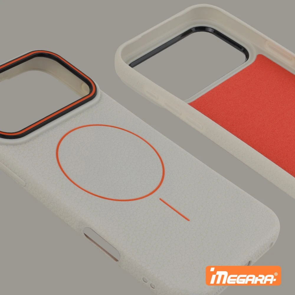 Akcesorium do iPhone 17 Pro Max, beżowe plecki z pomarańczowymi i czarnymi akcentami, w pełni kompatybilne z ładowaniem bezprzewodowym