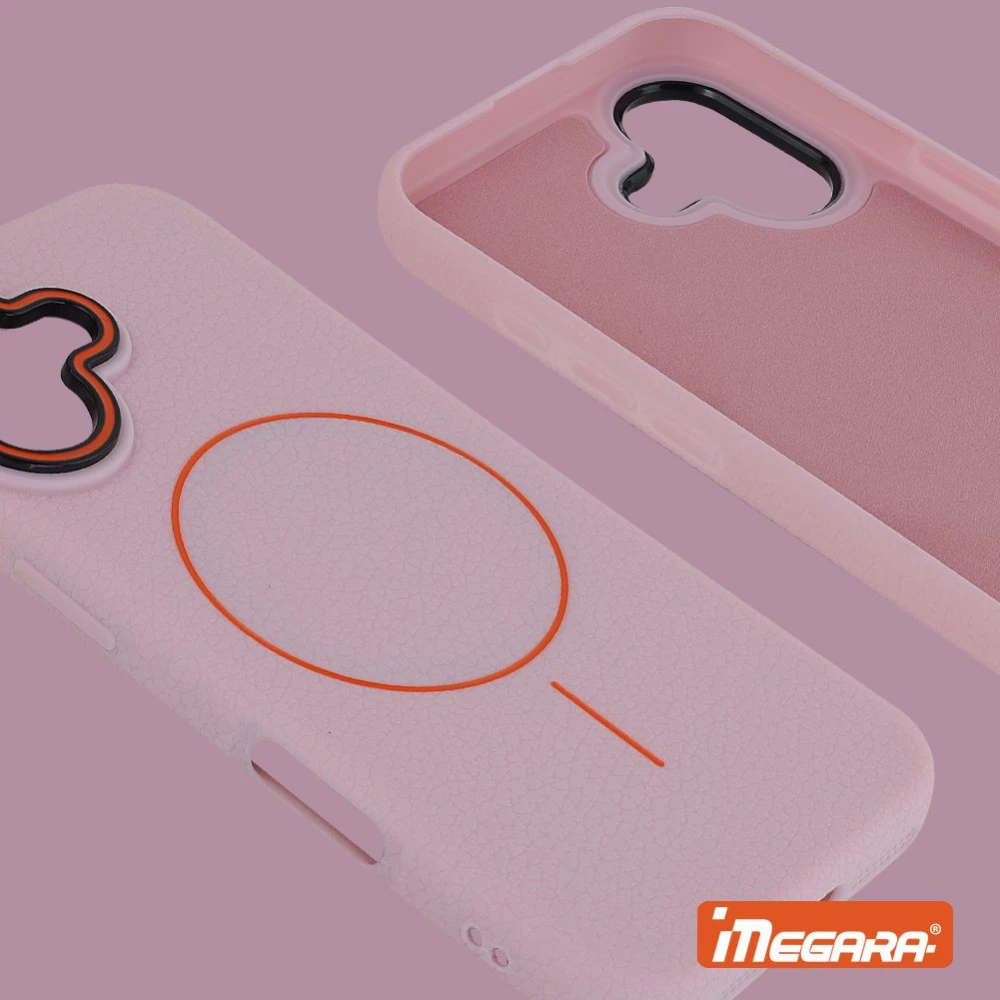 Stylowy case do iPhone 17 w kolorze różowym z akcentami pomarańczowego i czarnego, idealny dla modelu 6.3 cala