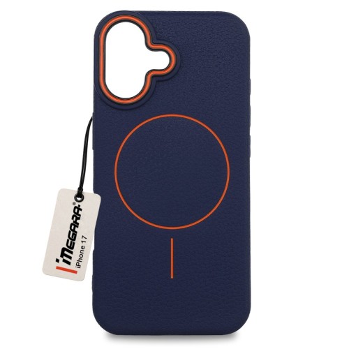 Granatowe etui do Apple iPhone 17 MagSafe Case, widok z przodu, prezentujące eleganckie plecki Megara z ochroną aparatu