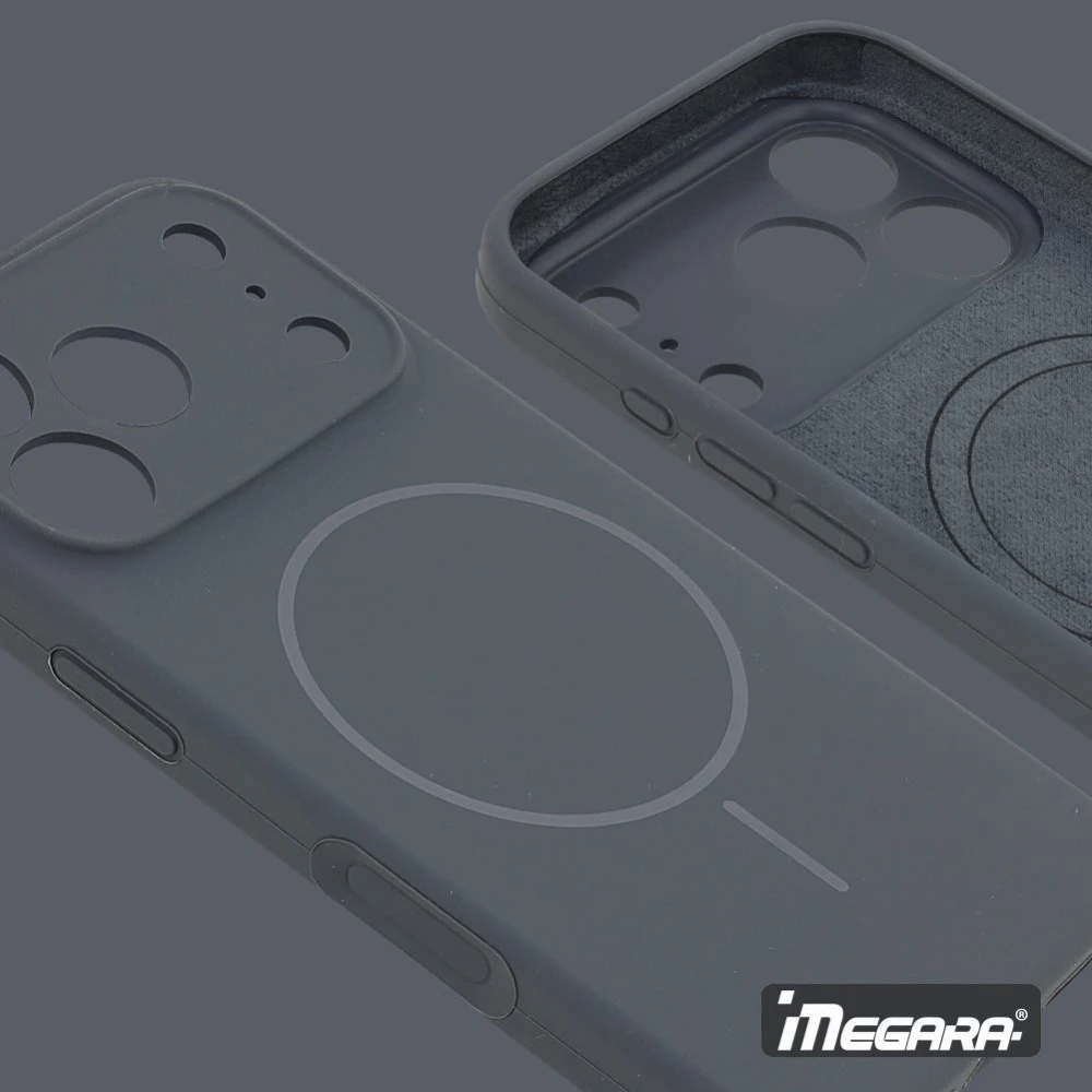 Szare etui MagSafe do Apple iPhone 17 Pro Max, prezentujące pełną kompatybilność z ładowaniem bezprzewodowym i akcesoriami MagSafe