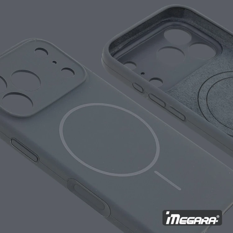 Szare etui MagSafe do Apple iPhone 17 Pro Max, prezentujące pełną kompatybilność z ładowaniem bezprzewodowym i akcesoriami MagSafe