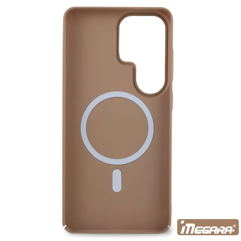 Szczegół rantów ochronnych wyświetlacza i aparatu w beżowym futerale do Galaxy S26 Ultra, zwiększających bezpieczeństwo