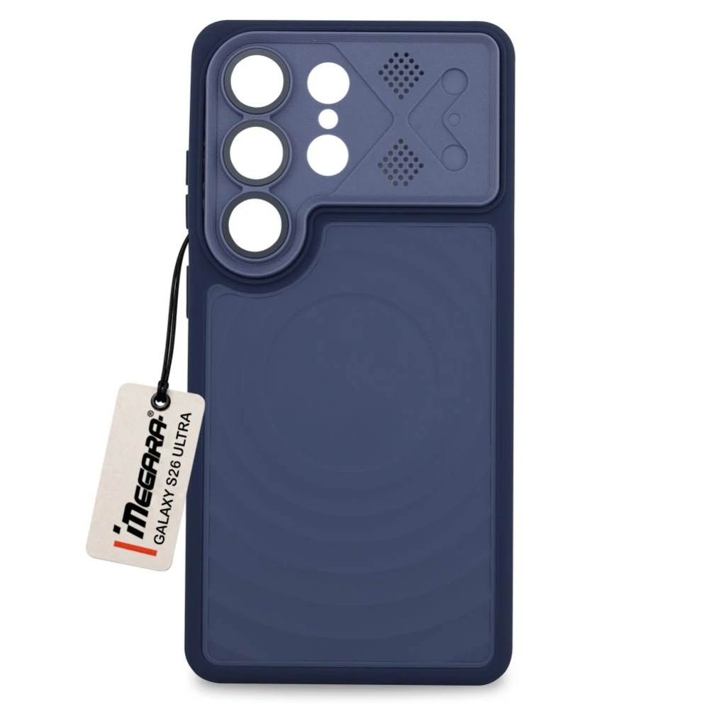 Granatowe etui do Samsung Galaxy S26 Ultra MagSafe, widok z przodu, prezentujące pełną ochronę i elegancki design