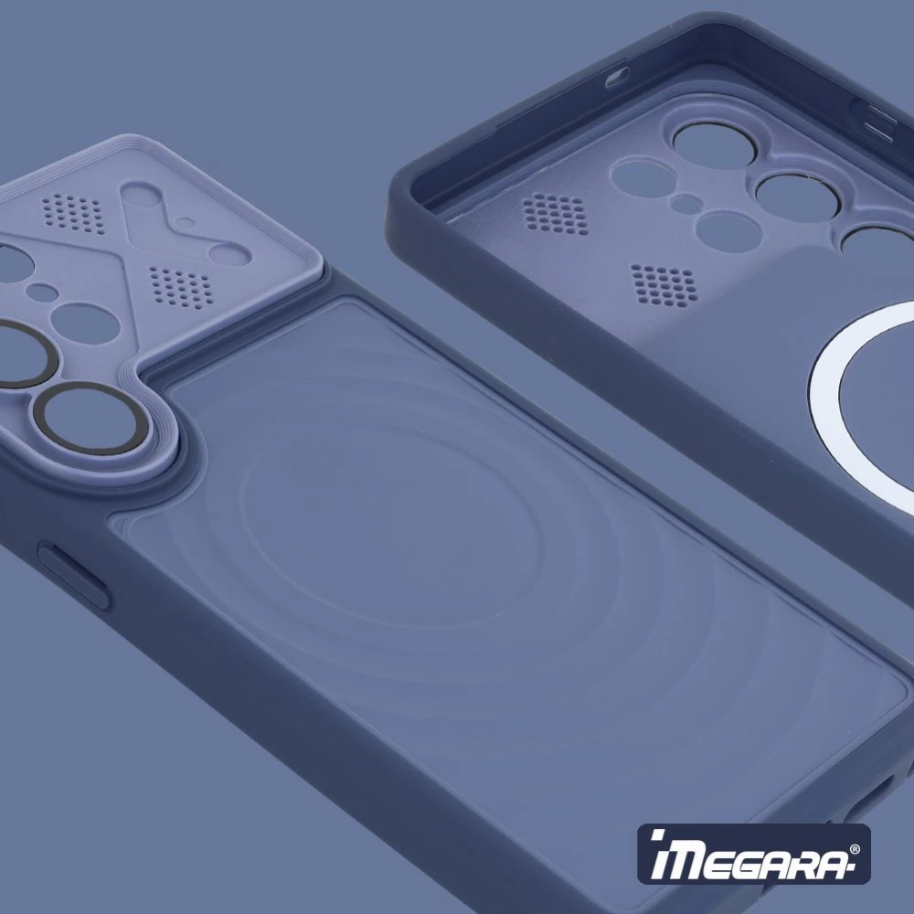 Plecki Megara do Samsung S26 Ultra w kolorze granatowym, kompatybilne z ładowaniem bezprzewodowym MagSafe i ochroną aparatu